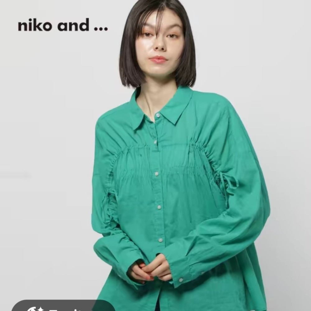 Niko And... Gathered Front Green Cotton Button Down Shirt Women M Lagenlook Boho